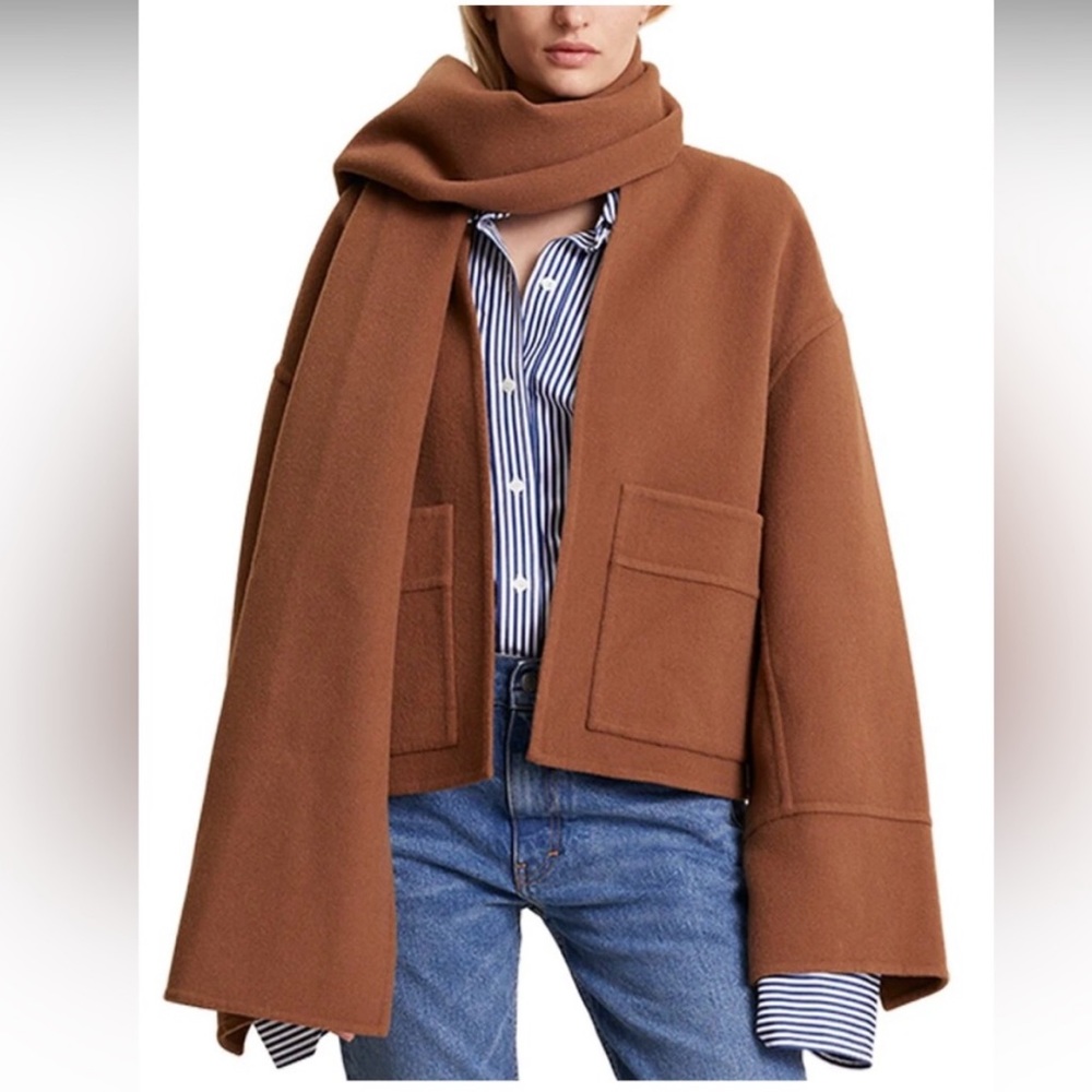 HOUSE OF HARLOW 1960 Wool Blend Coat with Scarf Nutmeg Womens LARGE Shawl combo